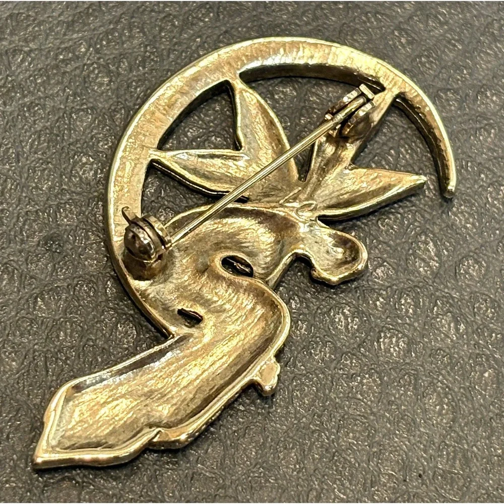 Vintage Brooch Pin Fairy on Crescent Moon Gold Tone Enamel Rhinestone Celestial